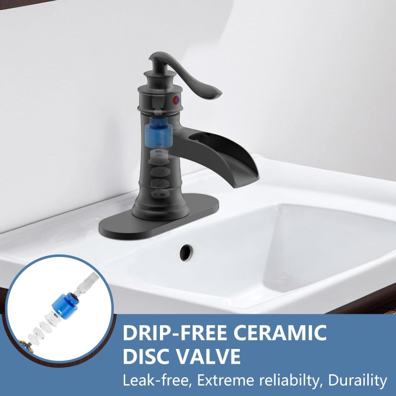 Homevacious Black Bathroom Faucet Matte Waterfall Sink Farmhouse Vanity Single Hole Faucets One Handle Basin Antique centerset with Pop Up Drain Stopper Mixer Tap Overflow Supply Line by Homevacious - Image 4